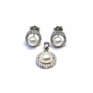 White encircled pearl silver stud earrings with pearl pendant