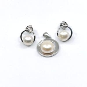 White stone beaded silver stud earrings with pendant