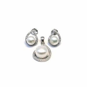 White stone beaded silver stud earrings with pendant