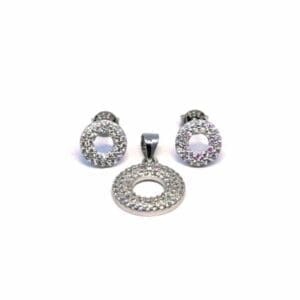 White stone circle earrings with silver studs and pendant