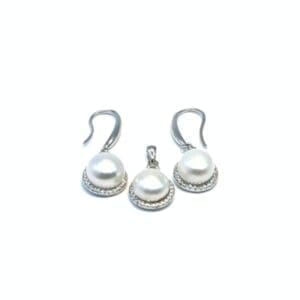 White stone beaded silver dangle earrings with pendant