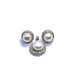 White stone round beaded silver stud earrings with pendant