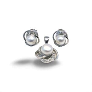 Pearl silver stud earrings and pendant with white stone