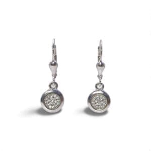 White stone round silver micro setting dangle earrings