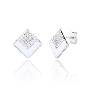 Silver rectangle earrings with white stones and enamel