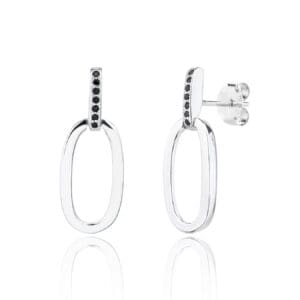 Silver oval dangle earrings with black stones
