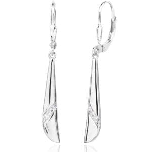 Silver elongated curved cubic zirconia stone earrings with patent closure